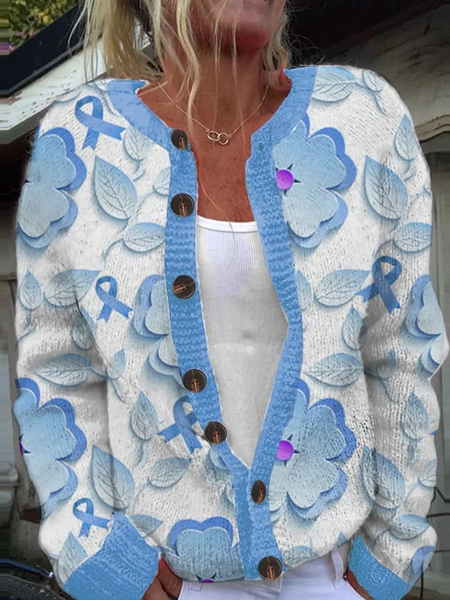 

Women's Pink Floral Breast Cancer Sweater Knit Cardigan, Blue, Cardigans