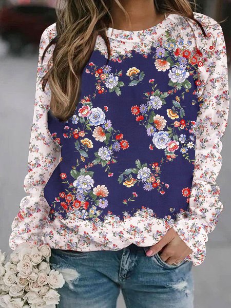 

Casual Crew Neck Floral Sweatshirt, Purplish blue, Hoodies & Sweatshirts