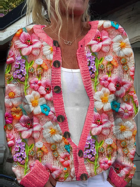 

Women's Pink Floral Breast Cancer Sweater Print Knit Cardigan, Cardigans