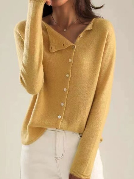 

Women Yarn/Wool Yarn Plain Long Sleeve Comfy Casual Buckle Cardigan, Yellow, Cardigans