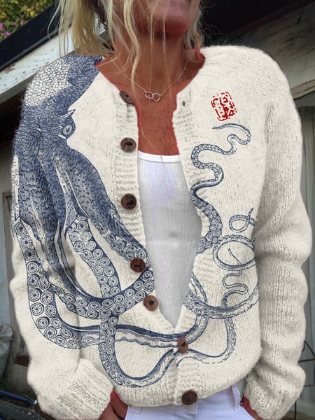 

Japanese Octopus Art Button Knitted Sweater Cardigan, White, Cardigans