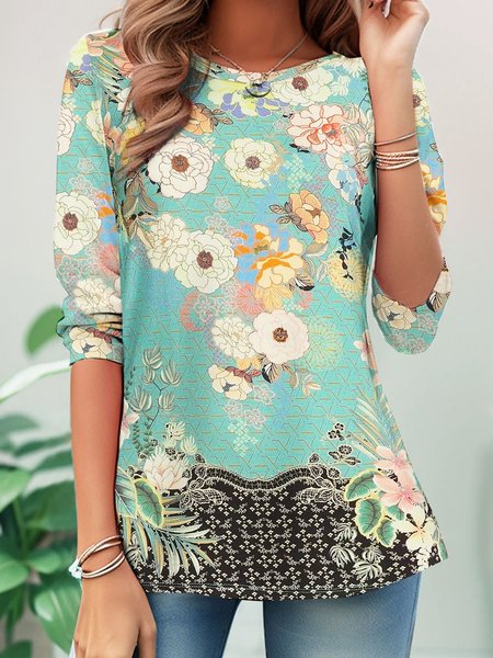 

Casual Floral Crew Neck Long Sleeve T-shirt, Lightgreen, T-shirts