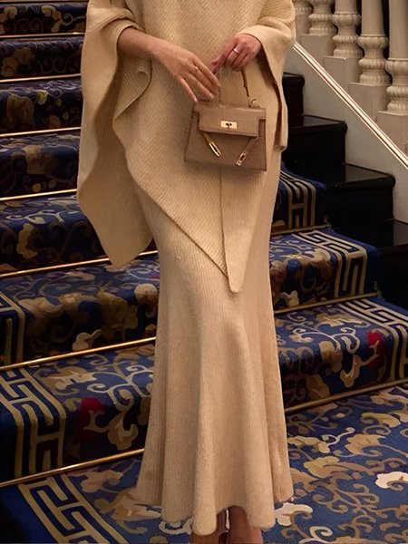 

Elegant Regular Fit Plain Sweater Maxi Skirt, As picture, Skirts