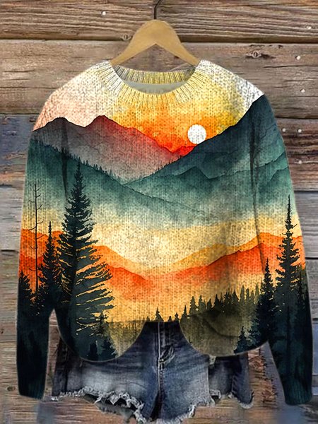 

Casual Knitted Landscape Painting Sweater, Yellow, Sweaters