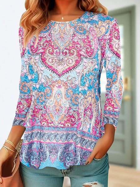 

Casual Ethnic Crew Neck Long Sleeve T-shirt, Multicolor, T-shirts