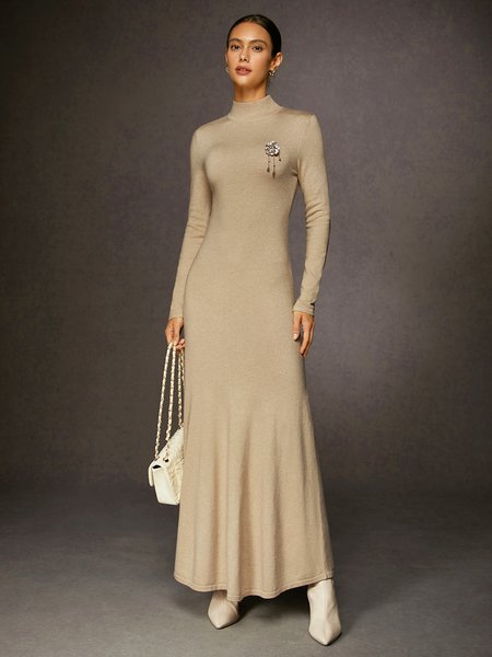 

Urban Wool Sweater Dress With Detachable Brooch, As picture, Maxi Dresses