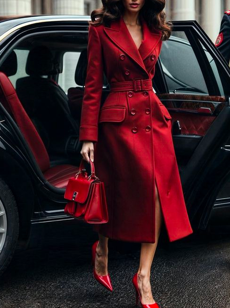 

Regular Fit Regular Sleeve Plain Urban Coat With Belt, Red, Coats