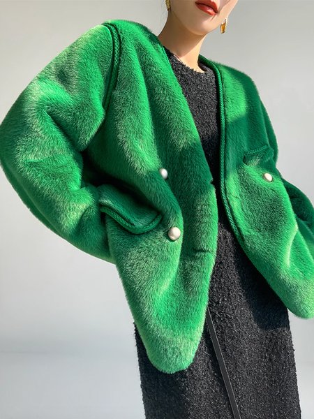 

Buttoned Elegant Plain Long Sleeve Teddy Jacket, Green, Teddy Jackets