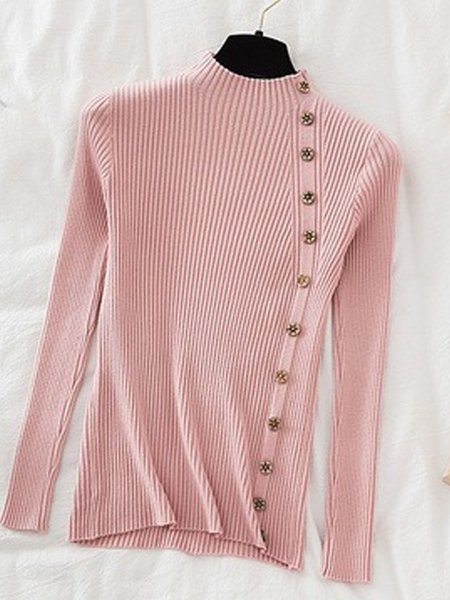 

Mock Neck Buckle Casual Plain Sweater, Pink, Sweaters & Cardigans