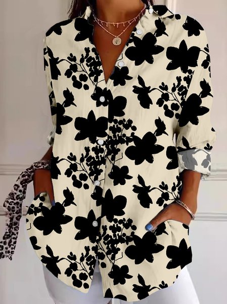 

Women Floral Long Sleeve Shirt Spring/Fall Buttoned Shirt Collar Daily Vintage Top, Apricot, Blouses