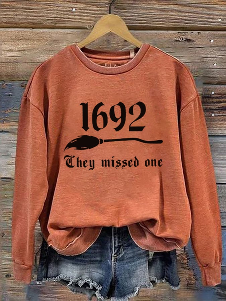 

Women's 1692 They Missed One Salem Witch Printed Round Neck Long Sleeve Sweatshirt, Orange, Hoodies&Sweatshirts