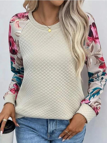 Casual Crew Neck Floral Sweatshirt, White, Hoodies & Sweatshirts