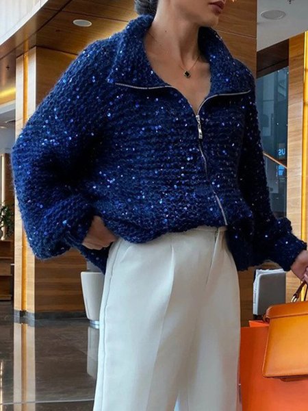 

Glitter Shawl Collar Plain Loose Urban Cardigan Sweater, Blue, Cardigans