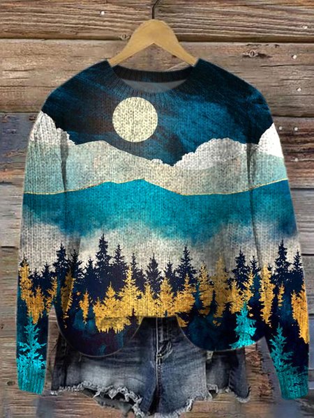 

Landscape Painting Crew Neck Simple Loose Sweater, Green, Sweaters