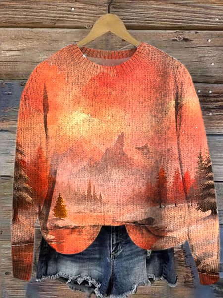 

Loose Casual Knitted Landscape Painting Sweater, Pink, Sweaters