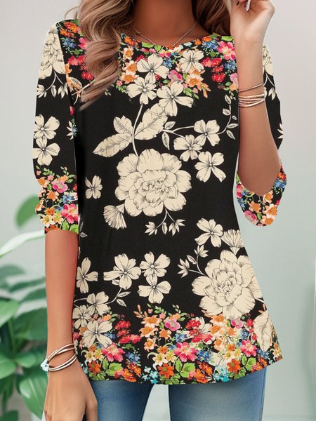 

Casual Floral Crew Neck Long Sleeve T-shirt, Black, T-shirts
