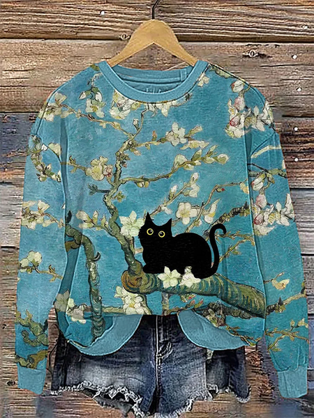 

Almond Blossom Cat Art Painting Print Cotton Cozy Sweatshirt, Green, Hoodies&Sweatshirts