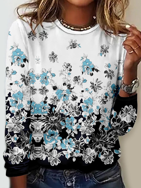 

Casual Floral Crew Neck Long Sleeve T-shirt, Blue, T-shirts