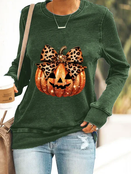 

Leopard Coquette Bow Pumpkin Print Casual Sweatshirt, Dark green, Hoodies&Sweatshirts