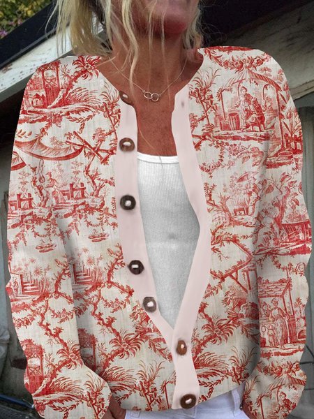 

Loose Casual Landscape Print Cardigan, Red, Cardigans