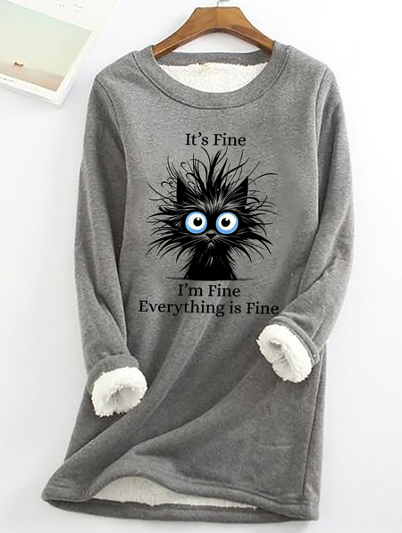 

It's Fine I'm Fine Everything Is Fine Print Casual Fluff Fleece Fabric Sweatshirt, Gray, Hoodies&Sweatshirts