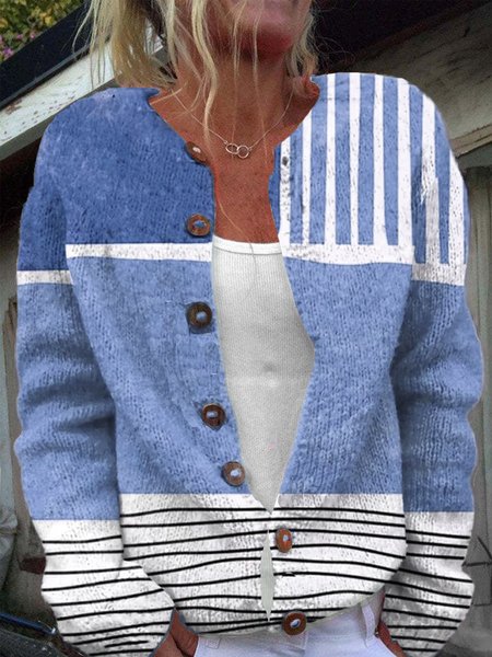 Buttoned Striped Others Casual Cardigan, Blue, Cardigans
