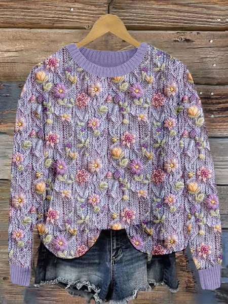 

Small flower knitted round neck sweater, Purple, Sweaters