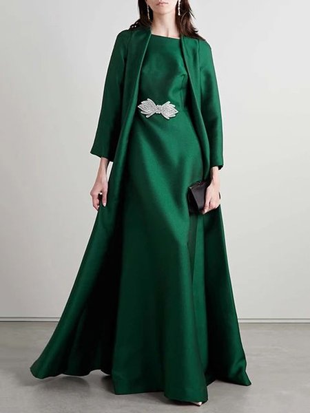 

Sleeveless Plain Crew Neck Regular Fit Elegant Party Maxi Dress With Belt, Green, Maxi Dresses