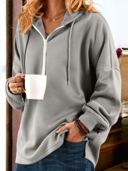 Loose Casual Zipper Plain Sweatshirt, Gray, Outerwear