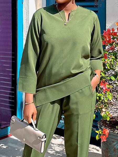 

Plain Loose Notched Urban Regular Sleeve Blouse, Green, Blouses and Shirts