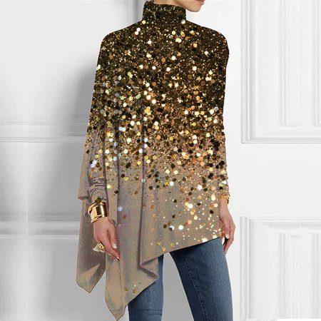 

Turtleneck Long Sleeve Abstract Regular Micro-Elasticity Loose Blouse For Women, Black-gold, Blouses