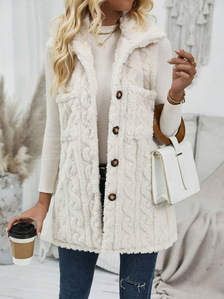 

Pocket Stitching Casual Plain Teddy Velvet, White, Outerwear