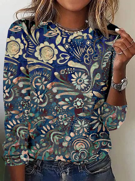 

Vintage Floral Crew Neck Long Sleeve T-shirt, Blue, T-shirts