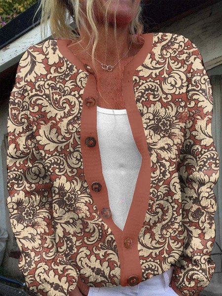 

Women Floral Long Sleeve Comfy Vintage Buttoned Cardigan, Brick red, Outerwear