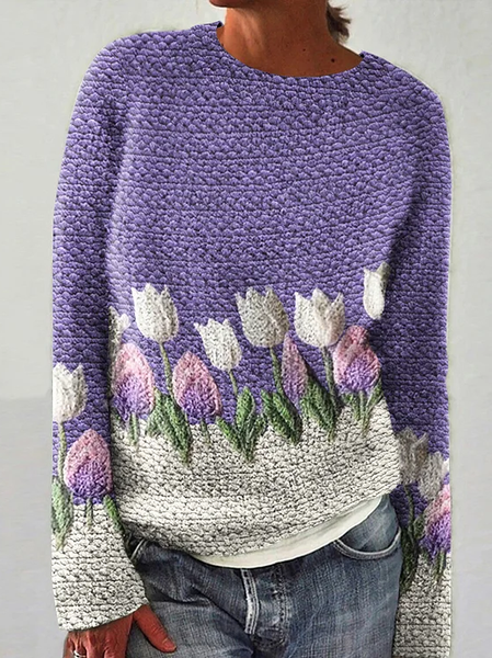 

Floral Art Print Knitted Crew Neck Pullover Cozy Sweater, Purple, Sweaters