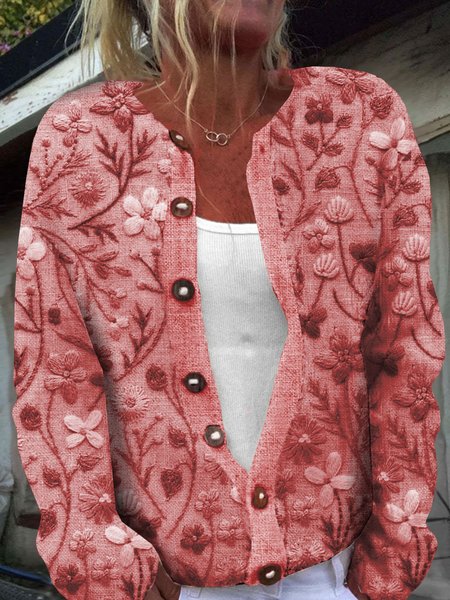 

Floral Loose Buttoned Casual Cardigan, Red, Cardigans