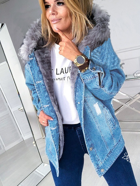 

Women's Plain Thicken Loose Jacket, Aqua blue, Outerwear