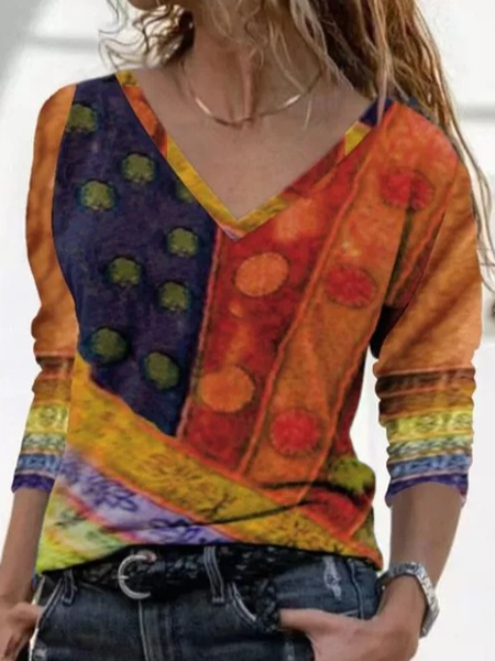 

V Neck Long Sleeve Abstract Regular Micro-Elasticity Loose Blouse For Women, Yellow, Blouses