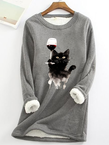 

Let's Drink For The Cat Casual Fluff Fleece Fabric Sweatshirt, Gray, Hoodies&Sweatshirts