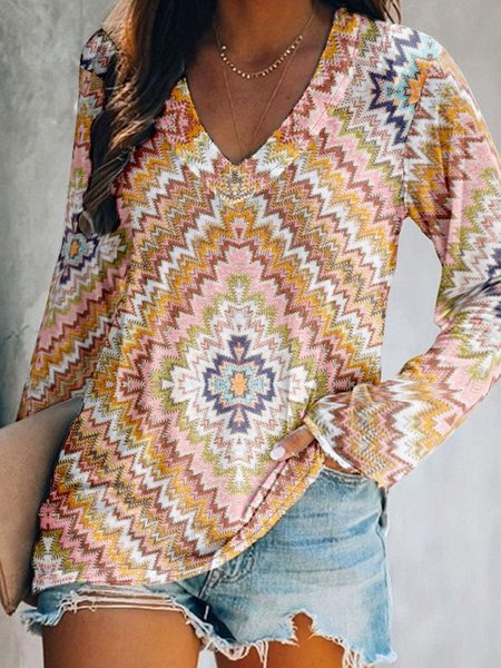 

Casual Ethnic V Neck Long Sleeve T-shirt, Multicolor, T-shirts