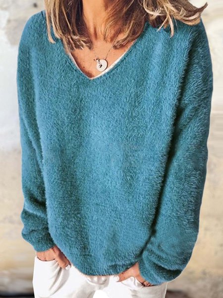 

Women's V Neck Plain Casual Winter Fluff/Granular Fleece Fabric Long Sleeve Sweatshirt, Sky blue, Sweatshirts & Hoodies