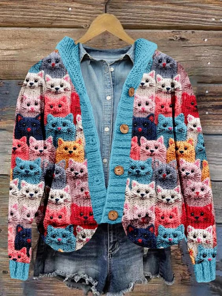 

Crowded Cats Pink Knit Art Cozy Hooded Cardigan, As picture, Cardigans