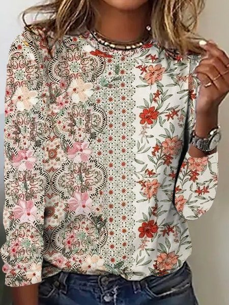 

Casual Floral Crew Neck Long Sleeve T-shirt, Apricot, T-shirts