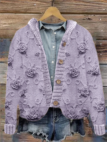 

Vintage Roses Crochet Art Hooded Knit Cardigan, Purple, Cardigans