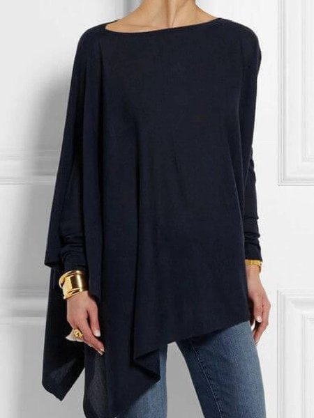 

Crew Neck Long Sleeve Plain Regular Micro-Elasticity Loose Blouse For Women, Purplish blue, Blouses