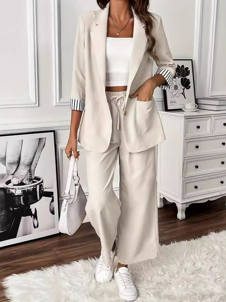 

Women Plain Shawl Collar Long Sleeve Comfy Casual Coat With Pants Two-Piece Set, White, Sets