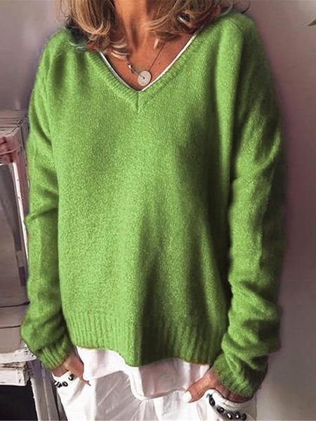

Plain V Neck Loose Casual Sweater, Green, Sweaters & Cardigans