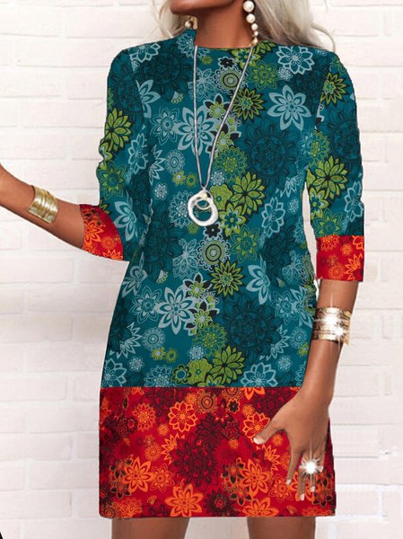 

Women Floral Crew Neck Long Sleeve Comfy Casual Mini Dress, Blue, Dresses