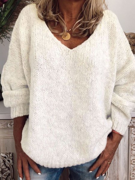 

Women Yarn/Wool Yarn Plain Long Sleeve Comfy Casual Sweater, White, Outerwear