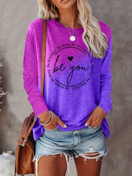 Casual Crew Neck Text Letters Sweatshirt, Purple, Blouses